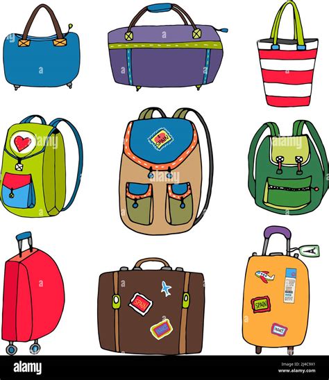 Variety Colorful Luggage Bags Backpacks And Suitcases Isolated On White Background Stock Vector