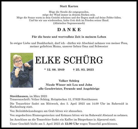 Traueranzeigen von Elke Schürg rz trauer de