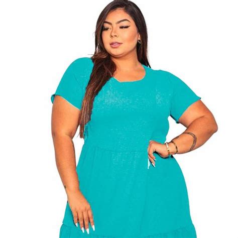 Vestido Plus Size Elastex Midi Liso Manga Curta Veste Até 50 Vestido