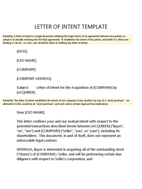 Letter Of Intent Template Pdf Mergers And Acquisitions Non