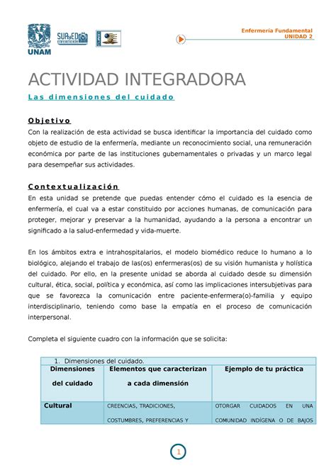 Dimensiones Del Cuidado Enfermería Fundamental Unidad 2 Actividad