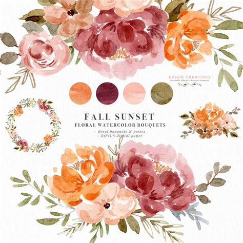 Watercolor Fall Floral Clipart Orange Rust Thanksgiving Invitation