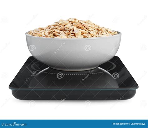 Modern Kitchen Scale With Bowl Of Raw Oatmeal Isolated On White Stock