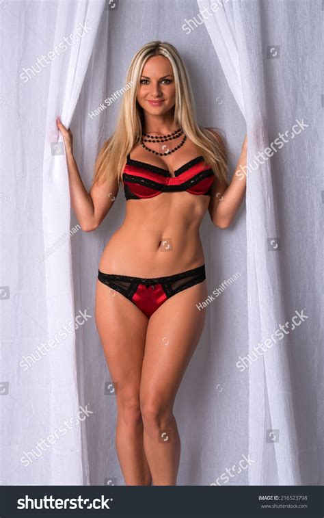 Beautiful Czech Blonde Red Black Lingerie Stock Photo Shutterstock