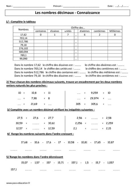 Nombres D Cimaux Connaissance Exercices Corrig S Cm Cm