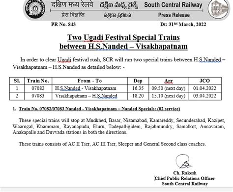 South Central Railway On Twitter Two Ugadi Festival Special Trains