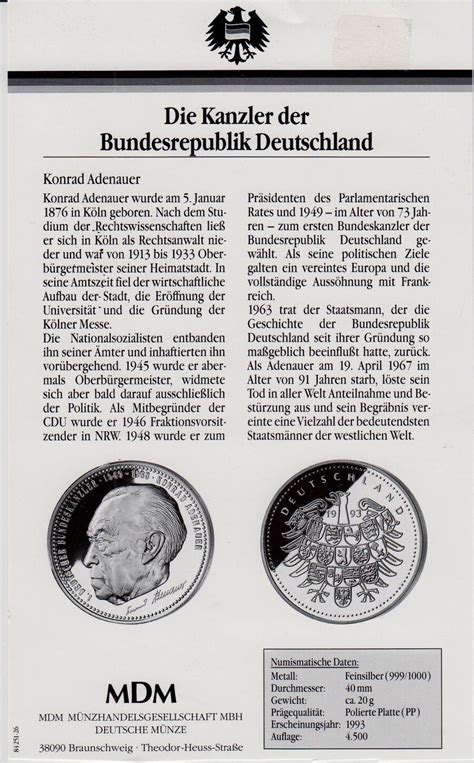 Deutschland Silbermedaillen Sammlung Deutsche Kanzler Und