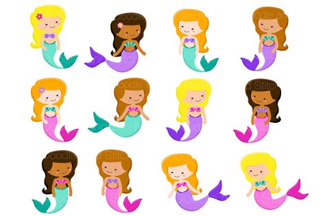 Cute Mermaids Clipart Set By Doodle Art | TheHungryJPEG