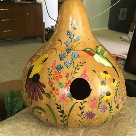 Handpainted Gourd Birdhouse With Hummingbird And White Hibiscus Flowers