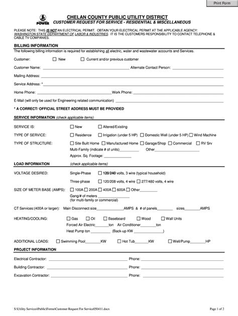 Fillable Online Chelanpud Customer Request For Service Form Chelan