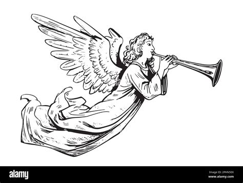 Angel Flying And Playing On The Pipe Hand Drawn Sketch Illustration