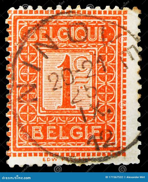 Postage Stamp Printed In Belgium Shows Figure Standing Lion Serie 1 C