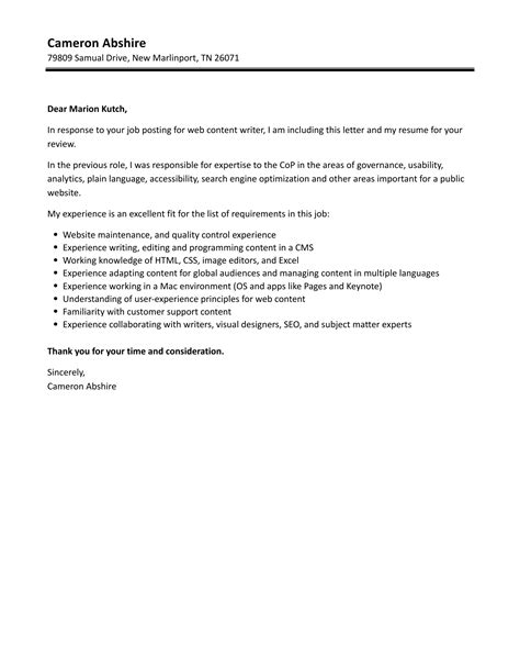 Web Content Writer Cover Letter Velvet Jobs