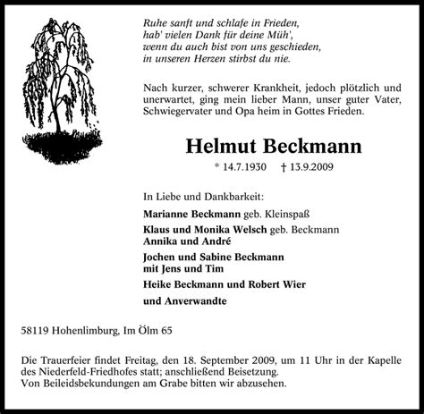 Traueranzeigen Von Helmut Beckmann Trauer In NRW De