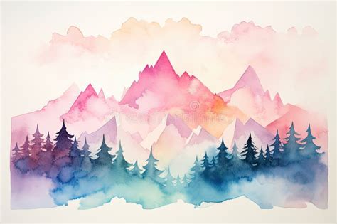 Watercolor Painting of Mountains and Trees Stock Illustration ...