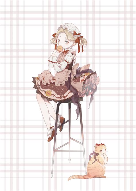 The Big ImageBoard TBIB Girl Apron Blonde Hair Blue Eyes Bow Brown Footwear Cat Commentary