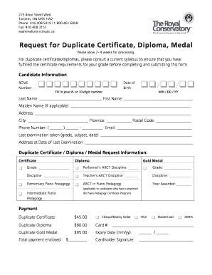 Fillable Online Request For Duplicate Certificate Diploma Medal Rcm