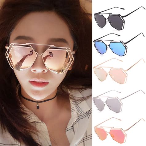 Geometry Design Twin Beams Women Metal Frame Mirror Sunglasses Cat Eye