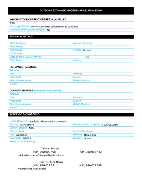 Fillable Online Salleurl Outgoing Exchange Students Application Form