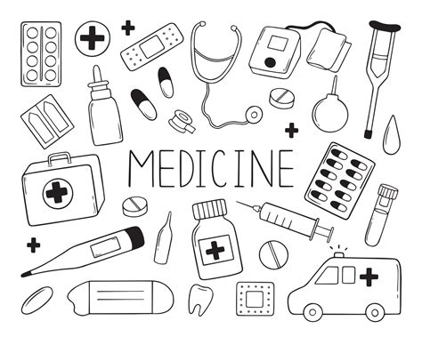 Hand Drawn Set Of Medicine Doodles Medicine Equipment Drugs Pills