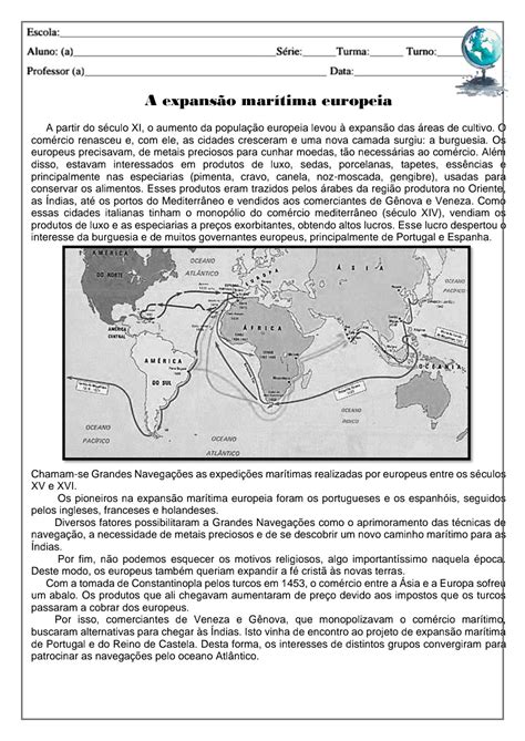 Expansão marítima europeia Atividade de história para trabalhar para