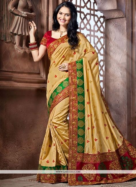 Beige Patch Border Work Crepe Silk Designer Traditional Saree Saree