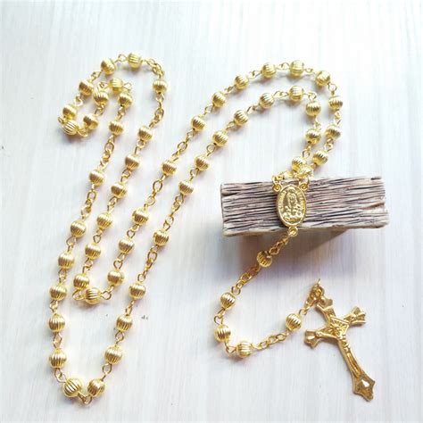 6mm Hollow Metal Beads Gold Plated Mini Rosary Necklaces For Women