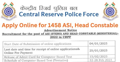 CRPF Recruitment 2023 Apply For 1458 ASI Head Constable Posts