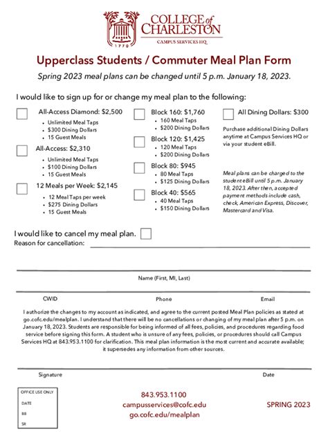 Fillable Online Cougarcard Cofc Hq Voluntary Meal Plan Form Spring