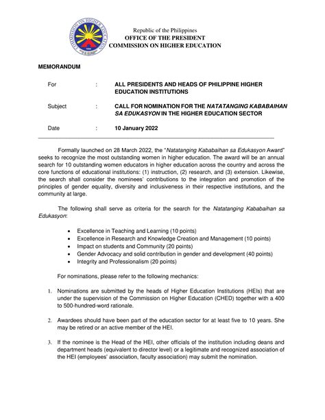 Call For Nomination For The Natatanging Kababaihan Sa Edukasyon In The Higher Education Sector