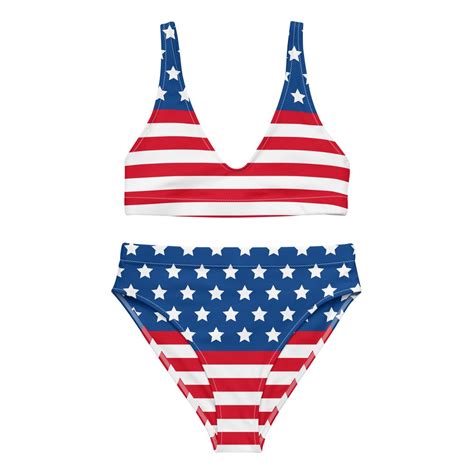 USA American Flag Stars And Stripes Eco High Waisted Bikini Set XS XL