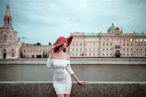 Wallpaper Women Redhead City Looking Away Hat White Dress