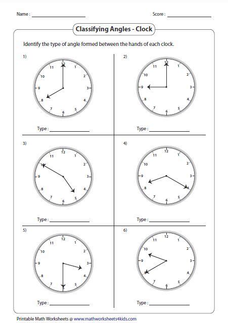 Clocks And Hands Angles Worksheet Classifying Angles Types Of Angles