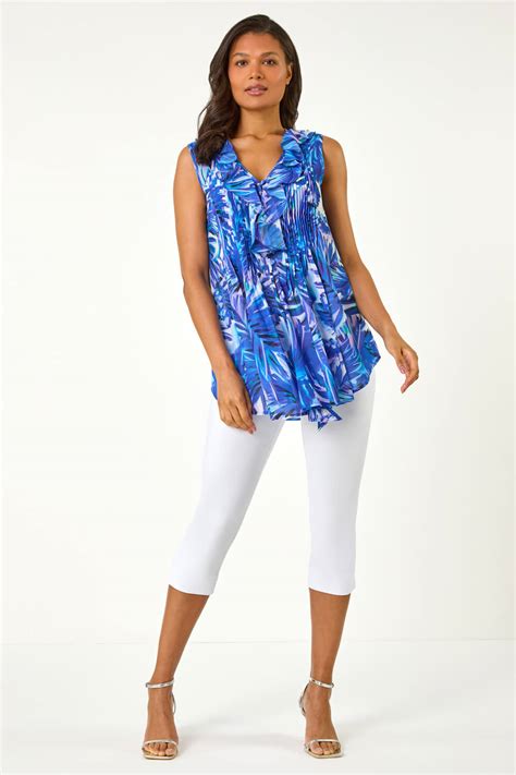 Blue Leaf Print Frill Pintuck Detail Top Roman Uk