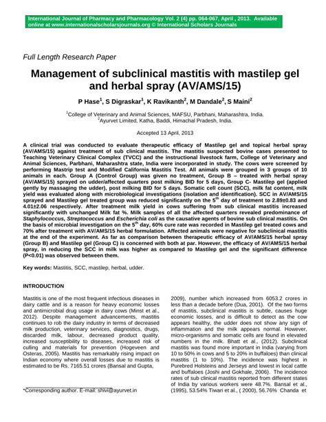 Pdf Management Of Subclinical Mastitis With Mastilep Gel And Ternationalscholarsjournals