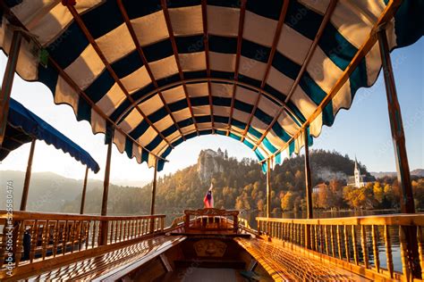 Interior Of Traditional Pletna Boat On Lake Bled With Old Castle On The