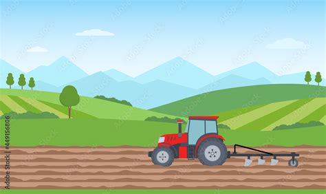 Tractor Plowing The Field On Rural Landscape Background Agriculture