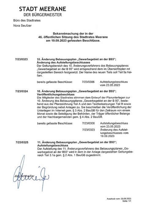 Bekanntgabe der Beschlussfassung der öffentlichen Sitzung des