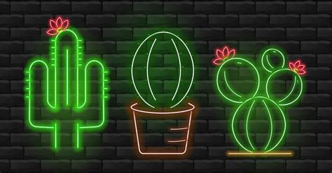 Premium Vector | Neon cactus set, beautiful green cactus, brick ...