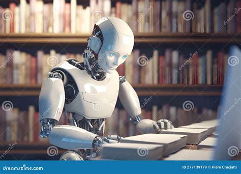 Humanoid Robot Reading Books in a Library. Generative AI. Stock ...