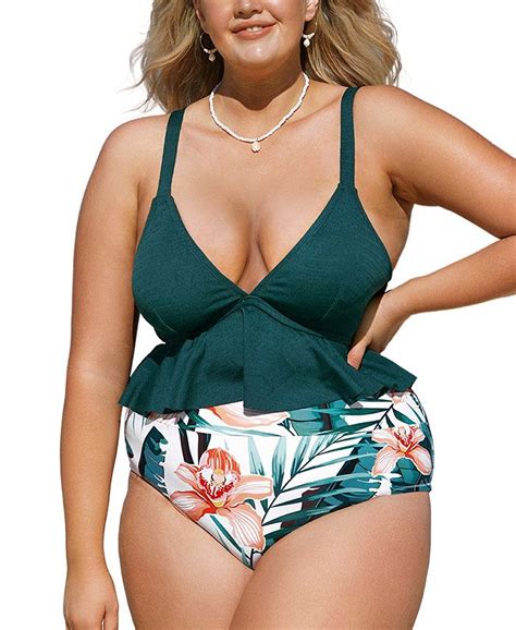 Cupshe Plus Size High Waisted Green And Floral Ruffled Bikini Macys