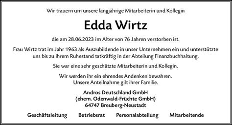 Traueranzeigen Von Edda Wirtz Vrm Trauer De