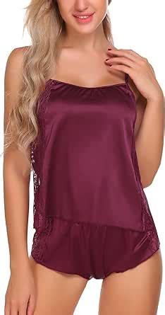 Avidlove Women Sleepwear Satin Pajama Cami Set Lace Lingerie Sexy Nightwear Wine Red Xl