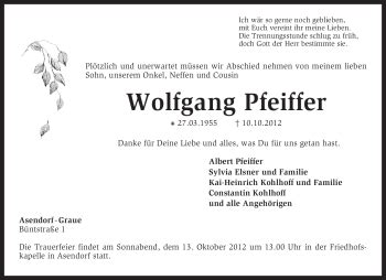 Traueranzeigen Von Wolfgang Pfeiffer Trauer Kreiszeitung De