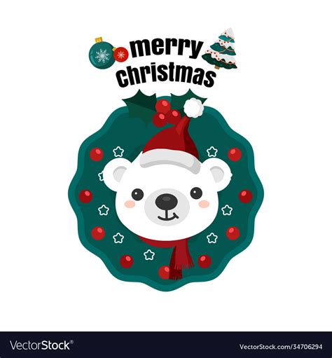 Christmas Theme Polar Bear Wearing Santa Cap Hat Vector Image