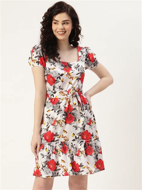 Buy Sleek Italia Women White Red Floral Print Fit Flare Dress