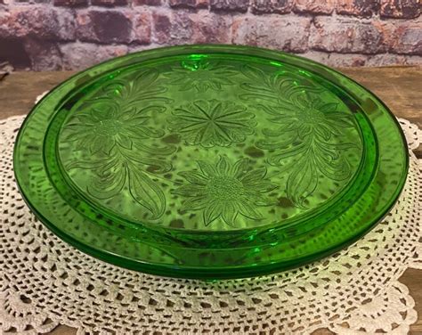 Vintage Sunflower Vaseline Glass Cake Plate Jeanette Depression Glass