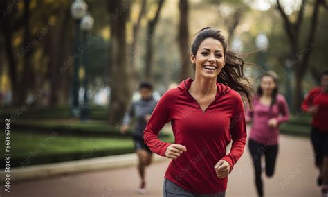 Hermosa mujer joven latina de cabello castaño ejercitándose corriendo en un parque de la