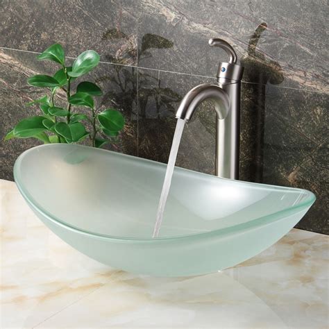 Elite Oval Shape Frosted Tempered Bathroom Glass Vessel Sink And Faucet Combo Bronze Finish