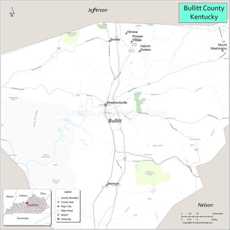 Map of Bullitt County, Kentucky showing cities, highways & important ...